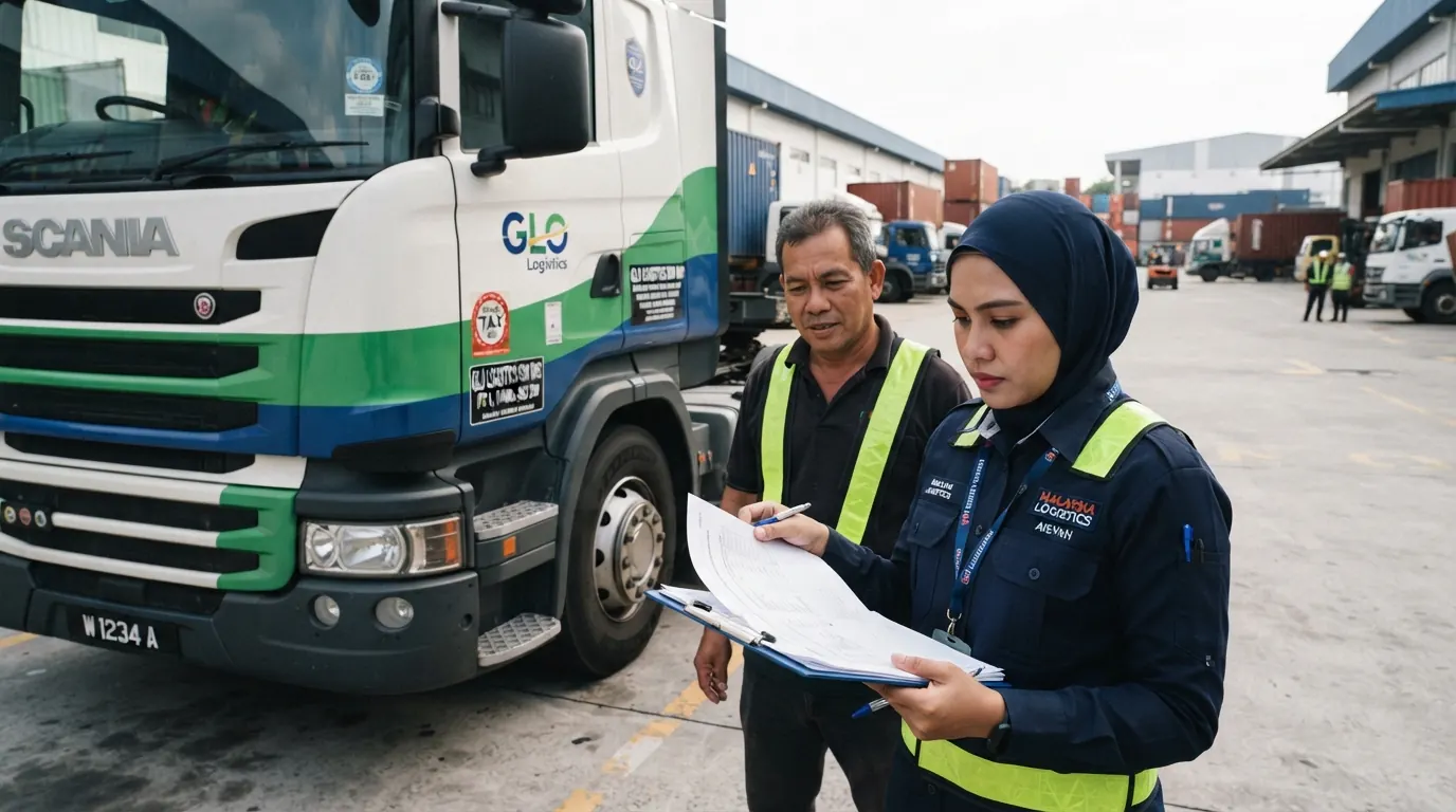 Pegawai logistik menyemak dokumen pematuhan kenderaan komersial